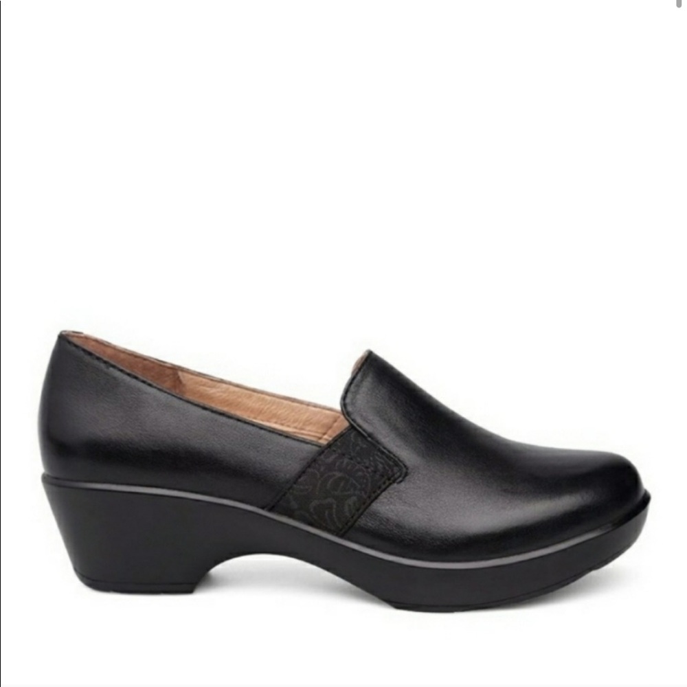 Dansko Jessica black leather loafer clog with floral elastic strap   Size 39